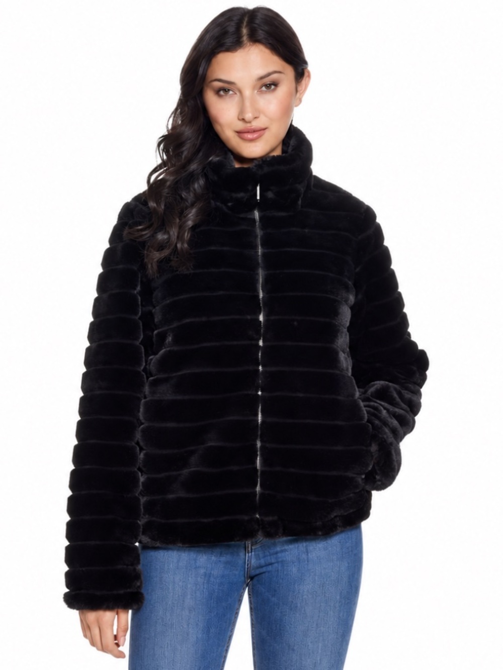 NWT Weatherproof Grooved Black Faux Fur Zip Jacket Size Medium